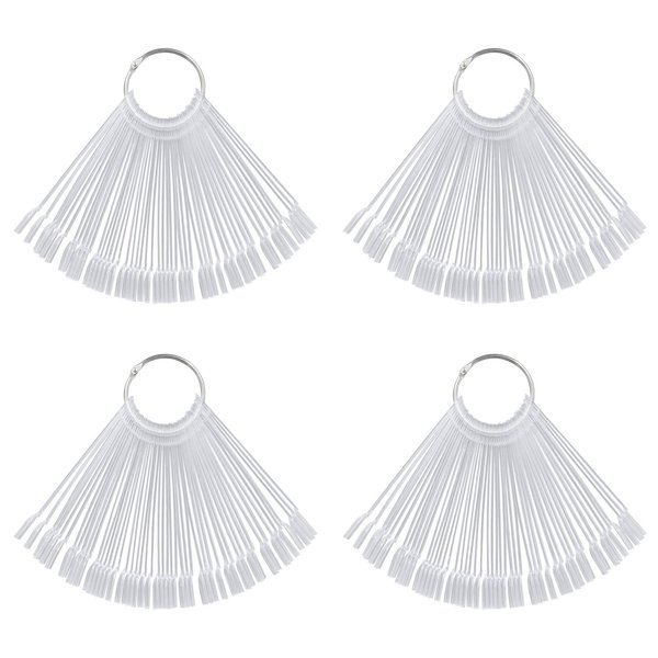 KRISMYA Set of 4 Total 200 Pcs Clear Nail Swatches Sticks,Clear Nails Sample Sticks,Transparent Fan-shaped Nail Art Tips Display Polish Board Display Practice Sticks Tool with Metal Split Ring Holder