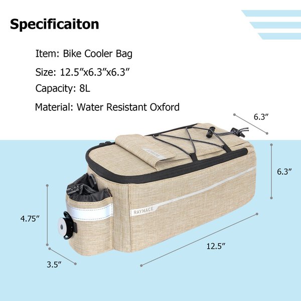 RAYMACE Bike Trunk Cooler Bag With Tail Light,Bicycle Rear Rack Bag Insulated Storage 8L,Pannier Bag (Beige)