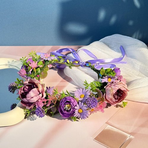 Floral Crown Garland for Women, Flower Crown Hair Wreath Headbands for Wedding Festival Floral Handpiece, Hair Accessories Band for Women (Purple, Adjustable)