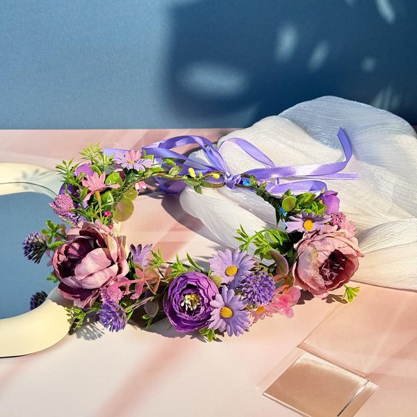 Floral Crown Garland for Women, Flower Crown Hair Wreath Headbands for Wedding Festival Floral Handpiece, Hair Accessories Band for Women (Purple, Adjustable)