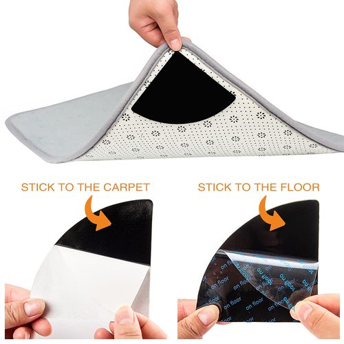 Rug Grippers, 4 Pcs Double Sided Anti Curling Reusable Rug Pad,Washable Non Slip Adhesive Rug Tape for Hardwood Floors, Tile, Keep Your Rug in Place & Make Corner Flat(Black)