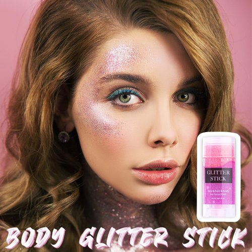Body Glitter Stick, Singer Gold Concerts Glitter Gel, Pink Holographic Mermaid Sequins Chunky Glitter, Music Festival Rave Glitter Makeup for Body, Face, Hair and Lip, 0.56oz (Gold&Pink)