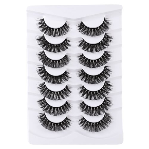 Mebver Russian Strip Lashes False Eyelashes Cat Eye Lashes Faux Mink Lashes Natural Look Fake Eyelashes Fluffy Wispy Lashes That Look Like Extensions Pestañas Postizas D Curl Lash Strips 7 Pairs Pack
