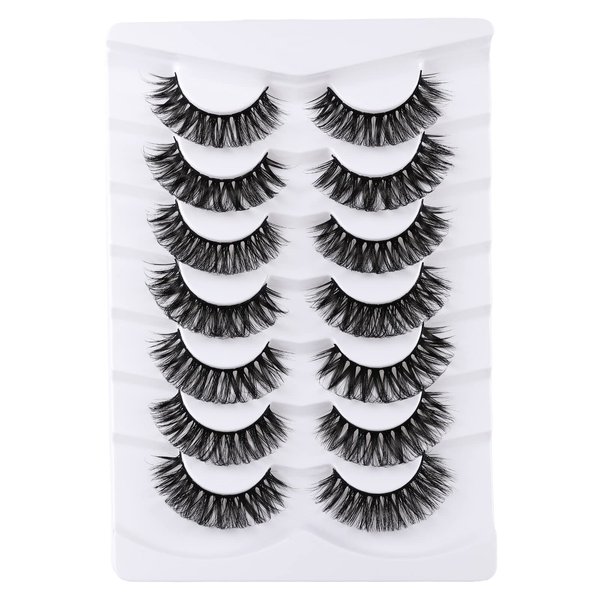 Mebver Russian Strip Lashes False Eyelashes Cat Eye Lashes Faux Mink Lashes Natural Look Fake Eyelashes Fluffy Wispy Lashes That Look Like Extensions Pestañas Postizas D Curl Lash Strips 7 Pairs Pack