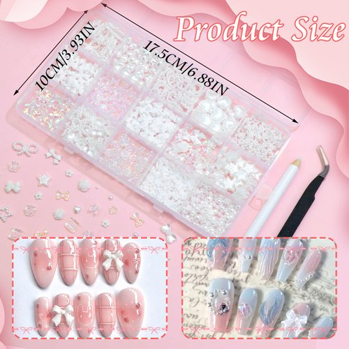 RODAKY 1000PCS White Nail Charms 3D Bows Heart Butterfly Charms for Nails Assorted Nail Art Charms Flatback Pearl Beads Mix Style Nail Decoration Nail Art Accessories for Manicure DIY