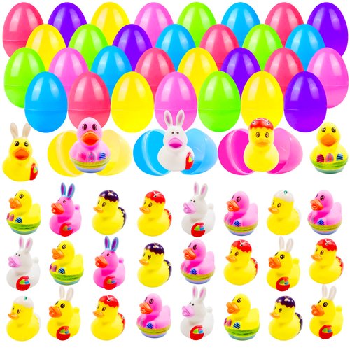 24 Pcs Prefilled Easter Eggs with Bunny Duckies,Bright Colorful Easter Eggs Prefilled with Variety Duckies for Fun Bath Bunny Duckies, Easter Basket Stuffers and Bathtub Toys Party Favors
