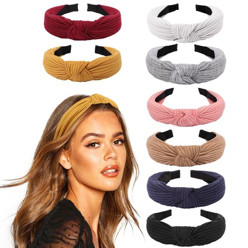 AQOKKA 8 Pcs Knotted Headbands for Women Girls Trendy Wide Top Knot Turban Headband Solid Fashion Ribbing Head Wraps Hair Bands Accessories for Women