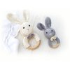 Natural Wooden Baby Toys Cotton Crochet Bunny Teething Ring Teether Rattle Set of 2 Newborn Unisex Baby (Grey Mama White Baby)