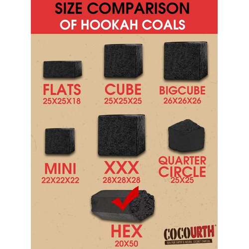CocoUrth Natural Hookah Coconut Shell Charcoal Hexagonal 20x50mm Electric Burner Briquettes Used Also for Cooking, Grilling, Barbecuing, Incense Narguile Coal (1kg)