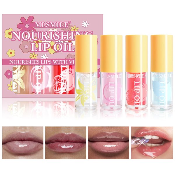 Hydrating Lip Oil，4PCS Fruit Transparent Lip Gloss Set，Big Brush Shiny Transparent Korean Lip Gloss Plumping，Non-sticky Tinted Toot Lip Balm for Lip Care，Repairing Primer Lip Oil Care Product