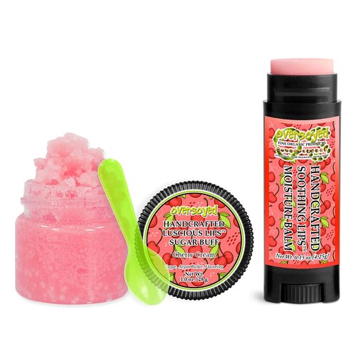 Cherry Cream Soothing & Luscious Lips by OverSoyed Exfoliator & Chapped Lip Repair Lip Care Combo | Artisan Handcrafted to Order Dark Cherry Creamy Vanilla Flavored Exfoliating Sugar Lip Scrub & Lip Moisturizer Balm Gift Set
