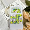 Press on Nails Short Square Fluorescent Green Design False Nails Gold Lines Full Cover Reusable Fake Nails Gradient French Artificial Acrylic Nails Medium Glossy Coffin Nails Glue on Nails for Women