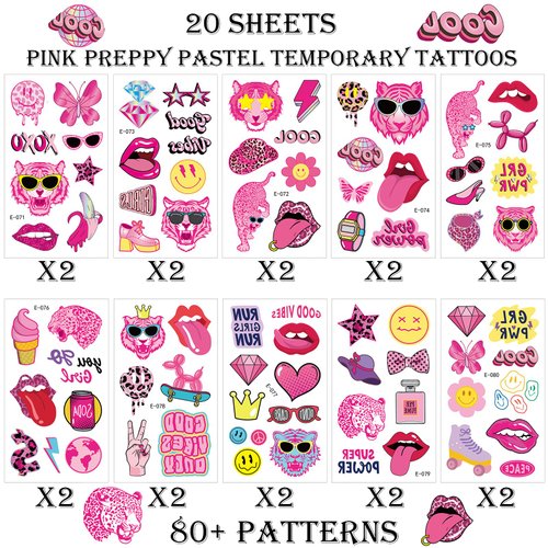Preppy Temporary Tattoos Pink Preppy Themed Birthday Party Supplies Decorations Favors Stickers for Kids Girls Gifts Classroom School Prizes Rewards 20 Sheets