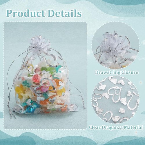 PH PandaHall 100pcs 5x7 Inch Heart Organza Bags Gift Bags White Jewelry Pouch Bags Sheer Drawstring Bags Wedding Favors Bag Candy for Valentine's Day Small Business Mother Festival Christmas