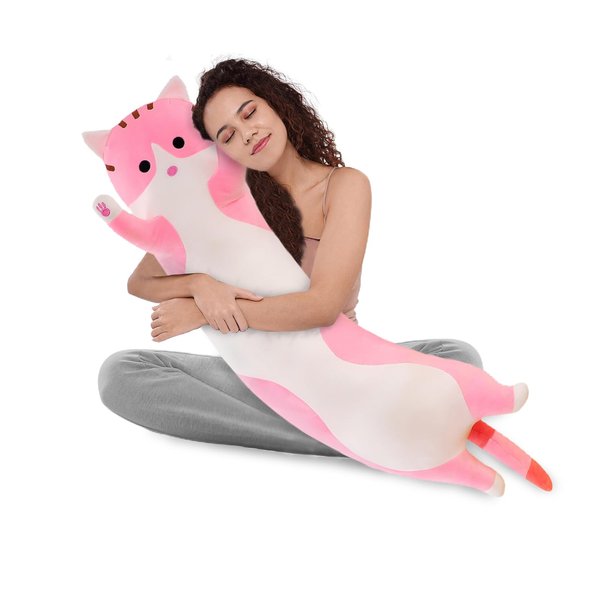 WUYU Lovely Plush Cat Doll Cute Cartoon Soft Stuffed Kitten Pillow Long Throw Sleeping Pillow Doll Toy Gift for Kids Girlfriend Multiple Size (Pink,110cm/43.3in)