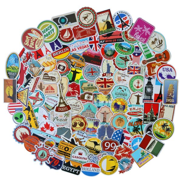 JJLIN 100pcs World Famous Tourism Country & Regions Logo Waterproof Stickers -Travel Map National Flag, Idea for Luggage Skateboard Laptop Luggage Suitcase Book Covers etc (Tourist Wonders)