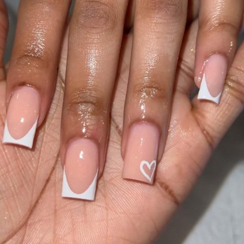 Gifiky Short French False Nails Coffin Press on Nails Nude Nails Tips Full Cover Cute Fake Nails for Women and Girls 24Pcs