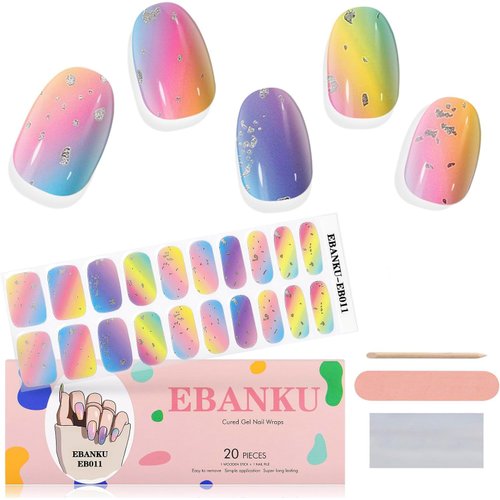 EBANKU Cured Gel Nail Strips Gel Nail Stickers Manicure Stickers(Aurora Sky) - Includes Nail File, Sealing Strip & Wooden Stick