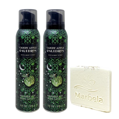 Bath & Body Works Candy Apple Cauldron 2 Pack Shimmer Fizz Body Lotion Set with a Natural Oats Sample Soap