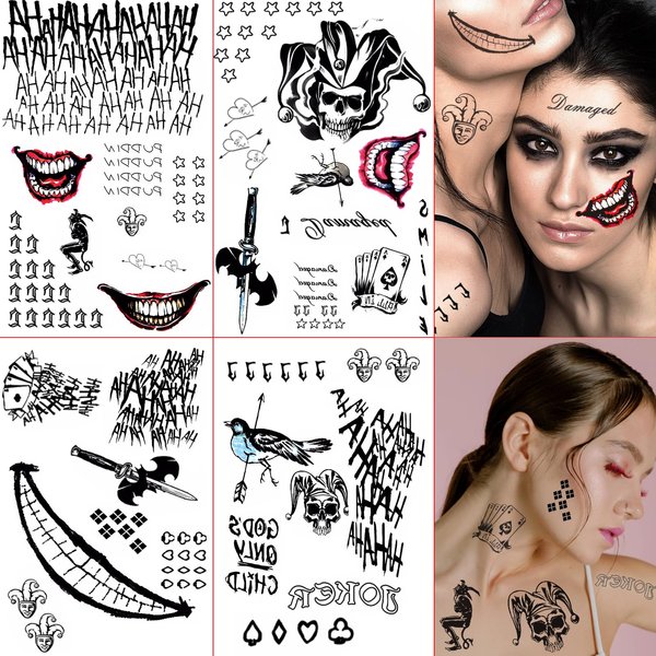 Halloween Temporary Tattoos, 4 Sheets Joker Tattoos Fake Temporary Tattoos Sticker for Men & Women, Perfect for Halloween, Cosplay, Costumes and Party Accessories