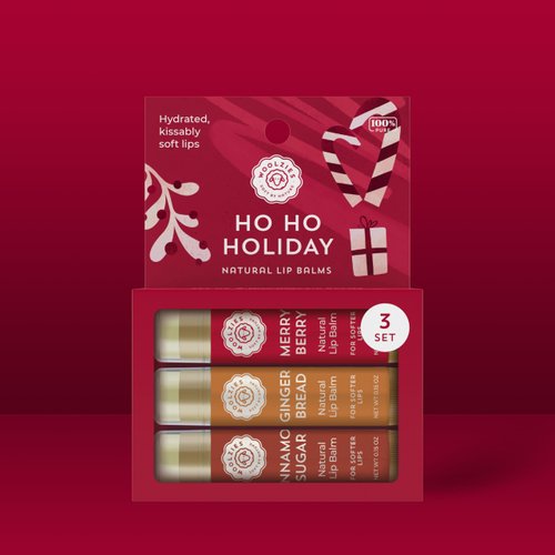 Holiday Lip Balm Set: All-Natural Shea Butter, Beeswax, Coconut Oil, & Vitamin E Infused Lip Care (3 Pack, Ho Ho Holiday)
