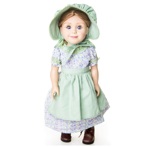 The Queen's Treasures 18 Inch Doll Clothes, Little House on The Prairie 3 Piece Purple and Green Calico Summer Dress, Hat, and Apron, Compatible for Use with American Girl Dolls
