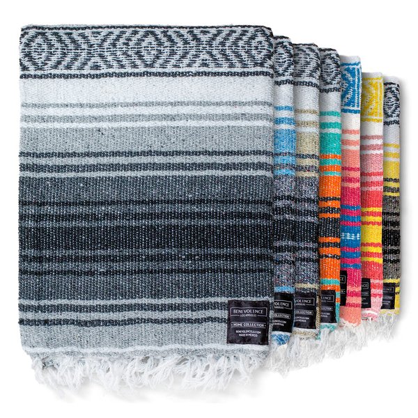 Benevolence LA Authentic Handwoven Mexican Blanket, Yoga Blanket - Perfect Outdoor Picnic Blanket, Camping Blanket, Equestrian Saddle Blanket, Serape Blanket 50x70 inches - Gray, Pack of 1
