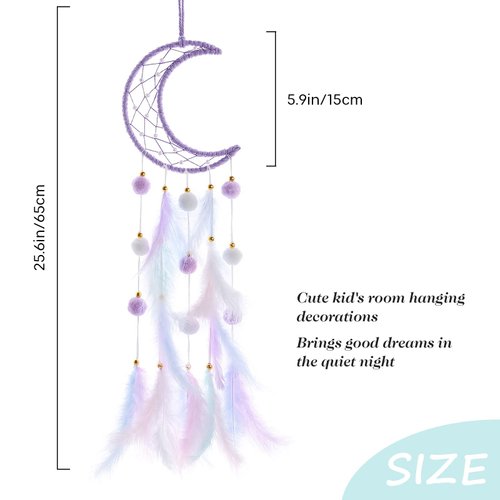 Pretty Jolly Purple Moon Kids Dream Catcher Wall Decor Pompom Feather Baby Dreamcatcher Handmade Children Dream Catcher Home Décor Wall Hanging for Nursery Bedroom Boys Girls Birthday Gift-25.6in