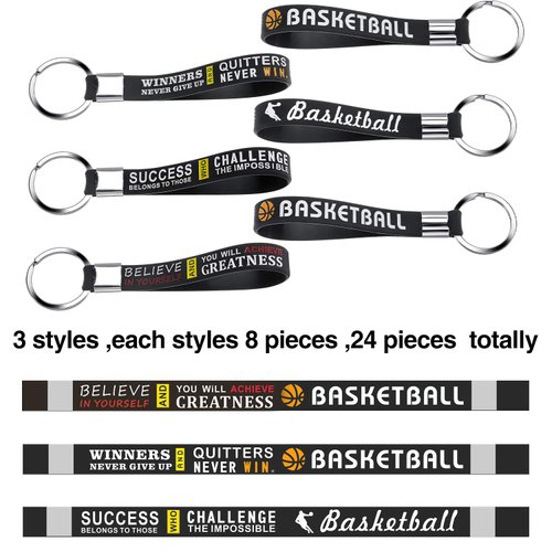 WILLBOND 24 Pieces Basketball Wristlet Keychain Basketball Keychains with Motivational Quotes Silicone Wrist Keychains Sports Keyrings Gifts for Team Members Basketball Theme Party Favors