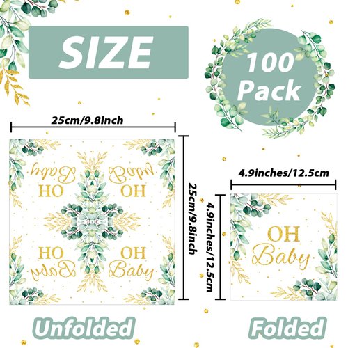 Eucalyptus Leaf Oh Baby Napkins Greenery Baby Shower Party Supplies Sage Green Luncheon Napkins Disposable Paper Napkins for Baby Shower Boys Girls Kids Table Decorations (100 Pack)