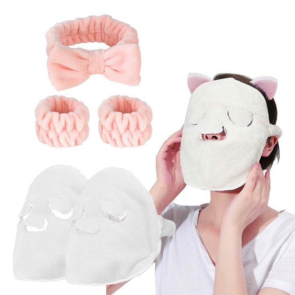 HANSAMU 5 Pcs Reusable Hot Cold Face Towel Masks for Skincare, Facial Masks Steamer Facial Kits for Women Girls Estheticians Skin Care, 1 Spa Headband,2 Wristband Set(Apricot)