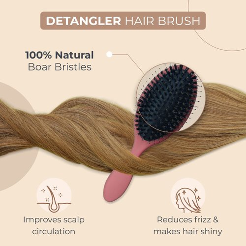 L.E.V Boar Bristle Anti Frizz Hair Styling Brush - Smoothing Brush Hair Comb - Women Hair Brushes for Curly, Thick, and Natural Black Hair - Hair Brushes for Women & Men (Pink)