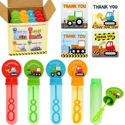 Construction Bubbles for Kids 16 Pack Wand Bubble with Thank You Cards Classroom Prizes Wedding Christmas Goodie Bag Stuffer Construction Birthday Party Supplies