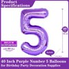 Purple Number 5 Balloons, 40 Inch Giant Number Balloons Foil Mylar Helium Purple Number 5 Balloons for 5th Birthday Party Supplies Anniversary Event Celebration Decorations