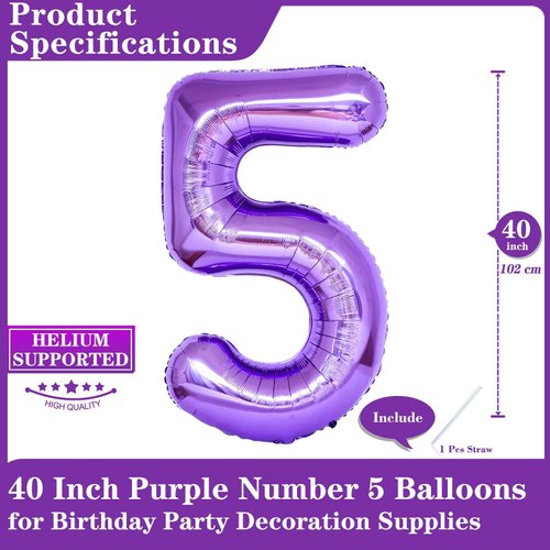 Purple Number 5 Balloons, 40 Inch Giant Number Balloons Foil Mylar Helium Purple Number 5 Balloons for 5th Birthday Party Supplies Anniversary Event Celebration Decorations