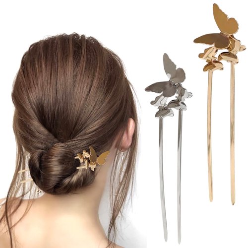 2 PCS U-Shaped Hairpins - Vintage Chinese Style Hair Sticks, Retro Hair Accessories for Women Girls, Elegant Metal Butterfly Hair Forks for Chignon Bun (Gold+Silver)