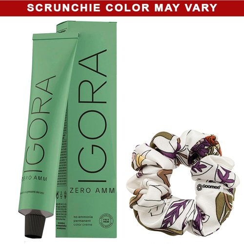 Igora Zero AMM Hair Color 7-50 Medium Blonde Gold Natural | No Ammonia Permanent Color Creme 2.1 oz and Goomee Scrunchie