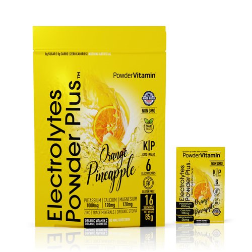 PowderVitamin Electrolytes Powder Plus, Keto, Orange Pineapple, Sugar Free, Pink Himalayan Salt, 1000mg Potassium, 120mg Calcium, 120mg Magnesium, Non-GMO, Zero Calories, (16 Hydration Packets)