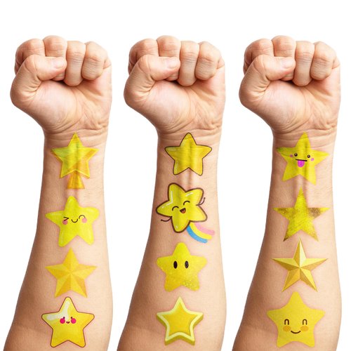 100 PCS Gold Stars Temporary Tattoos Birthday Party Decorations Favors Supplies Decor Twinkle Christmas Yellow Golden Star Banner Stickers For Girls Boys Classroom School Prizes Reward