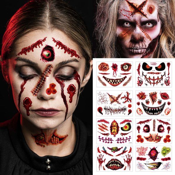 73pcs 8 Sheets Halloween Fake Scars Tattoo Prank Make up Face Tattoos Scary Big Mouth Tattoos Zombie Face Temporary Decals Fake Scars, Stitches Tattoos Zombie Props Decals Cosplay Decor Party