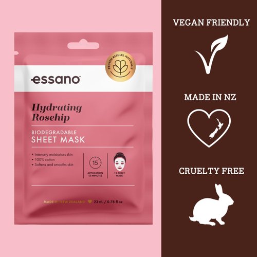 Essano Rosehip Hydrating Biodegradable Sheet Mask Enriched with Manuka Honey - Restores and Intensely Moisturizes - Made in New Zealand