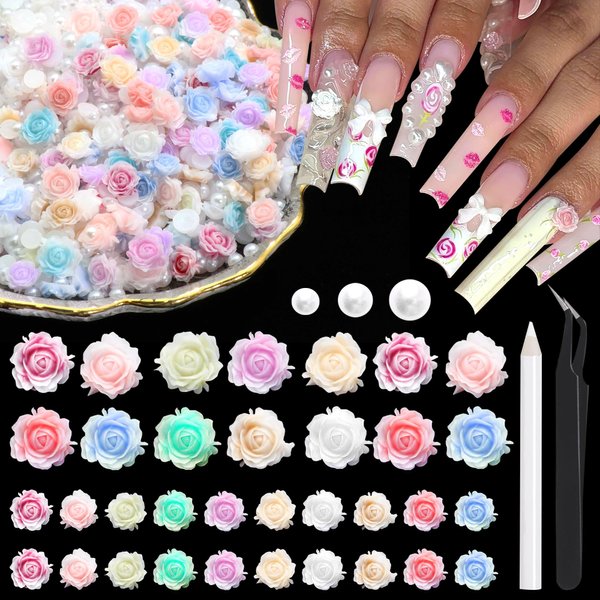 600Pcs Flower Nail Charms and Flatback Pearls,Mixed Size 3D Rose Flowers Nail Charms for Acrylic Nail Supplies Design,White Half Pearls for Nail Jewelry DIY Crafts Nail Art Decoration Accessories