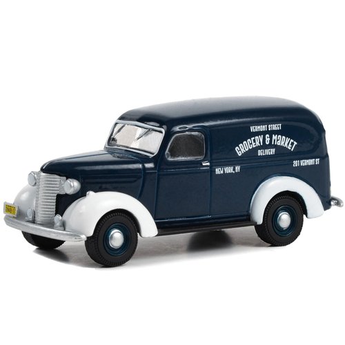 1939 Chevy Panel Truck Dark Blue with White Fenders Grocery & Market Delivery Norman Rockwell Series 5 1/64 Diecast Model Car by Greenlight 54080A