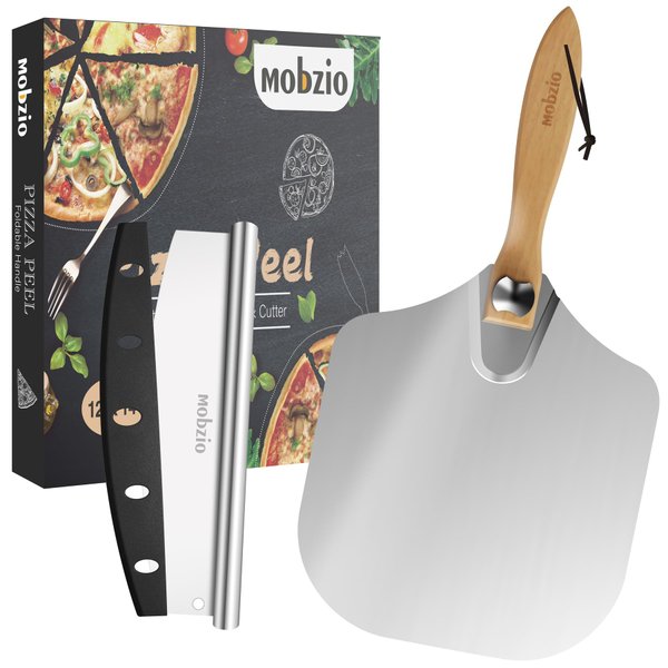 mobzio Pizza Peel Metal Pizza Spatula, Pizza Paddle 12 x 14 inch, Pizza Cutter Rocker, Pizza Paddle with Foldable Handle, Aluminum Pizza Peel Kit for Dough, Bread & Pastry, Pizza Oven Accessories