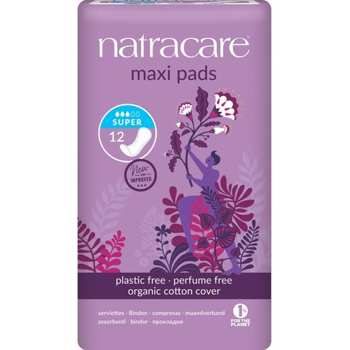 Natracare Natural Traditional Style Maxi Pads, Super, Individually Wrapped, Without Wings in Plant-Based Bag (1 Pack, 12 Pads Total)