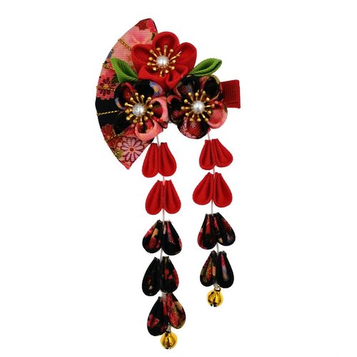 Japanese Style Women Flower Hair Clip Tassel Hair Ornament, Kimono Decor Fabric Hanfu Hairpin Accessories For Christmas Party Costume Gift (Black)