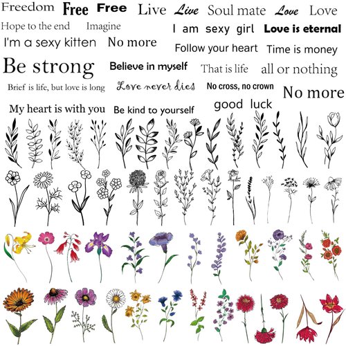Hoowu Temporary Tattoos Inspirational Words Tiny Branch Black Flower Long Lasting Fake Tattoos Wild Flower Floral Plant Small Tattoo Stickers for Women Girl Fave Hands Kids Body Art Arm