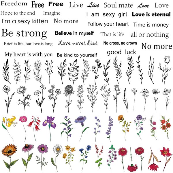 Hoowu Temporary Tattoos Inspirational Words Tiny Branch Black Flower Long Lasting Fake Tattoos Wild Flower Floral Plant Small Tattoo Stickers for Women Girl Fave Hands Kids Body Art Arm
