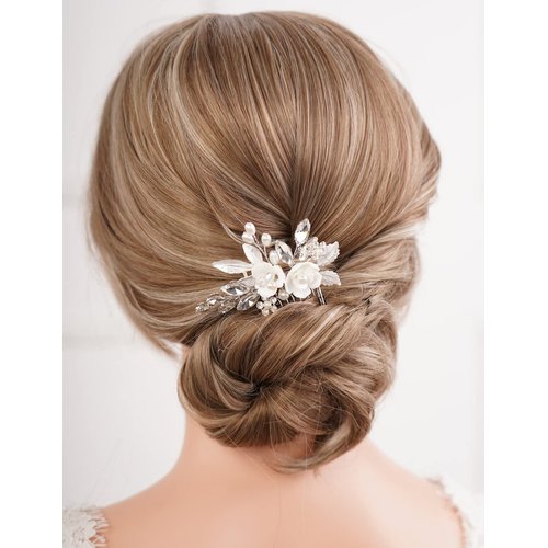 Missgrace Bride Wedding Crystal Pearl Leaf Rhinestones Hair Comb Silver Gold Bridal Hair Pieces Rhinestone Bridal Hair Clip Flower Hair Side Combs Wedding Hair Accessories for Brides Women (Silver)
