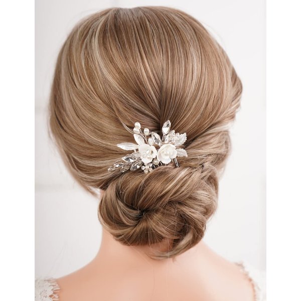 Missgrace Bride Wedding Crystal Pearl Leaf Rhinestones Hair Comb Silver Gold Bridal Hair Pieces Rhinestone Bridal Hair Clip Flower Hair Side Combs Wedding Hair Accessories for Brides Women (Silver)